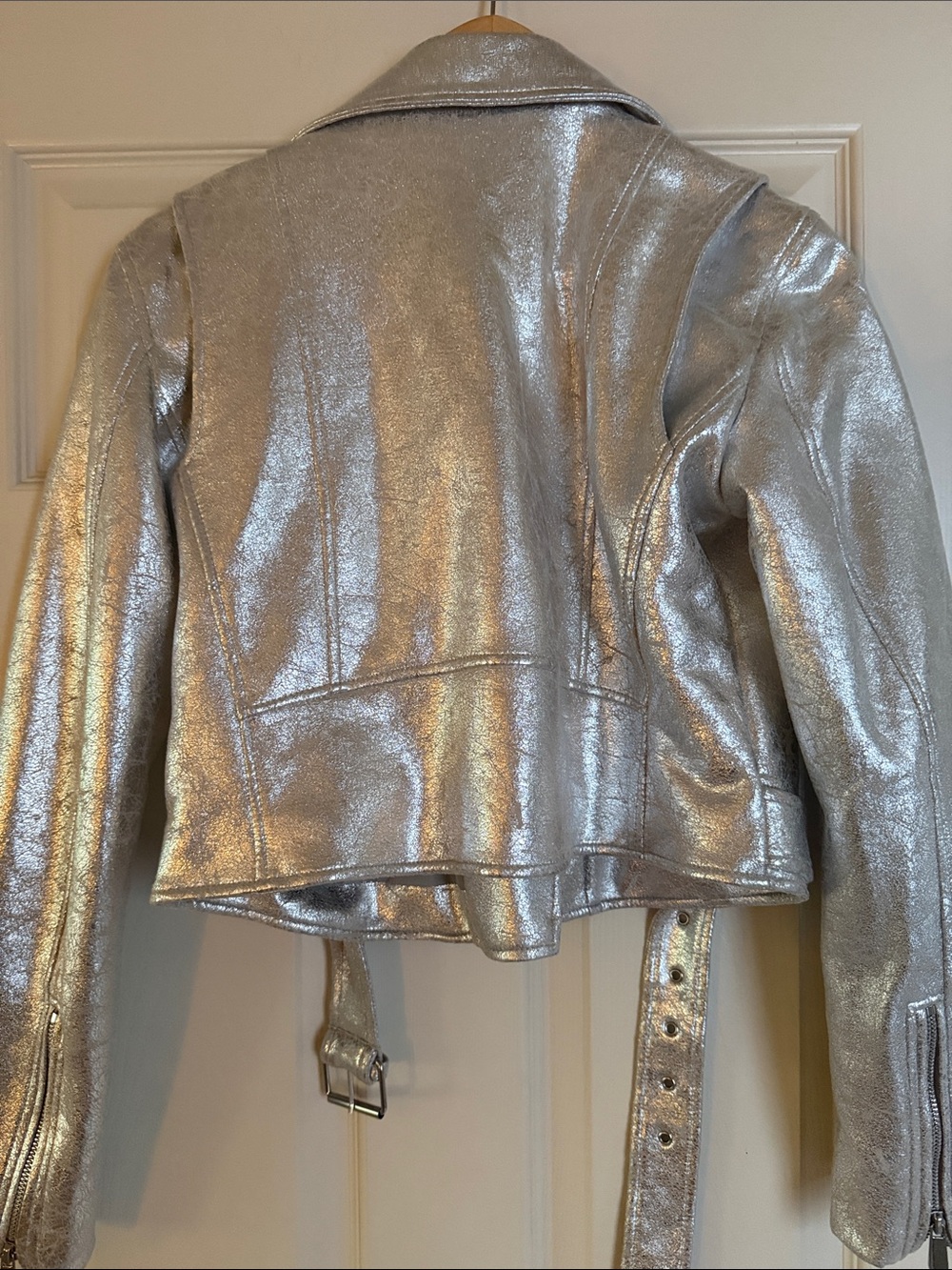 Zara Faux Leather Metallic Silver Cropped Moto Jacket - Picture 6 of 7
